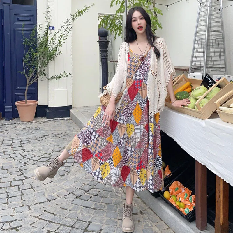 

Floral Print Maxi Dress Travel Vacation Loose Strap Holiday Sun Protection Cardigan Set Women's Summer Fashion A-Line Skirt