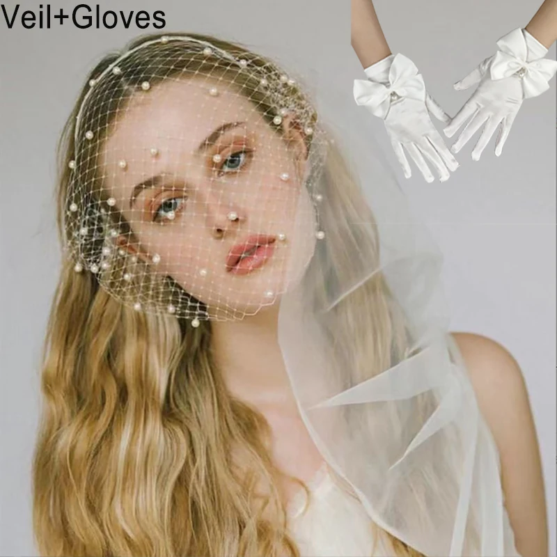 

2 pcs White Diamond Veil Headband Bow Gloves Set Rhinestone Bride Wedding Tea Party Stage Performance Glove Hair Accessories