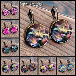 Vintage Bronze Color Tulip Dome Drop Earrings for Women Glass Cabochon Lotus Earring Flower Stud Earrings for Girls