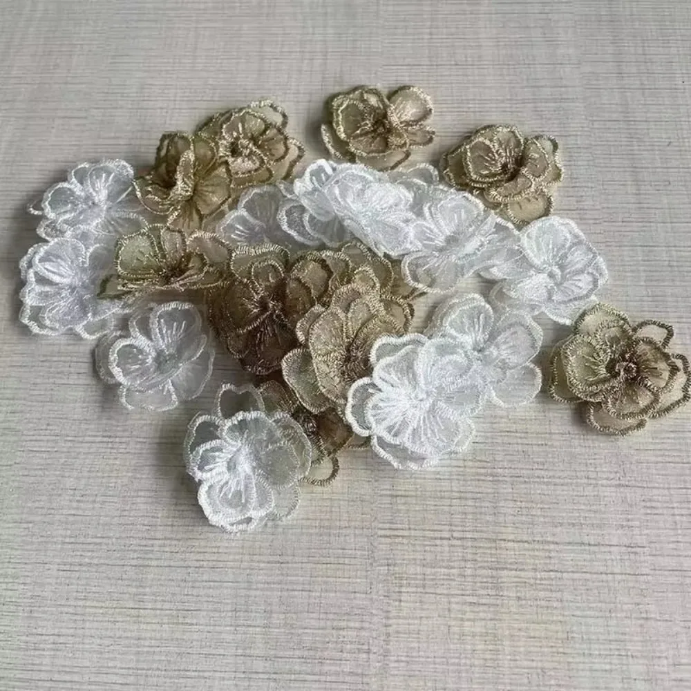 10PCS 4CM Organza Fabric Floral Appliques 3D Embroidered Chiffon Clothes Rose Translucent White Gold