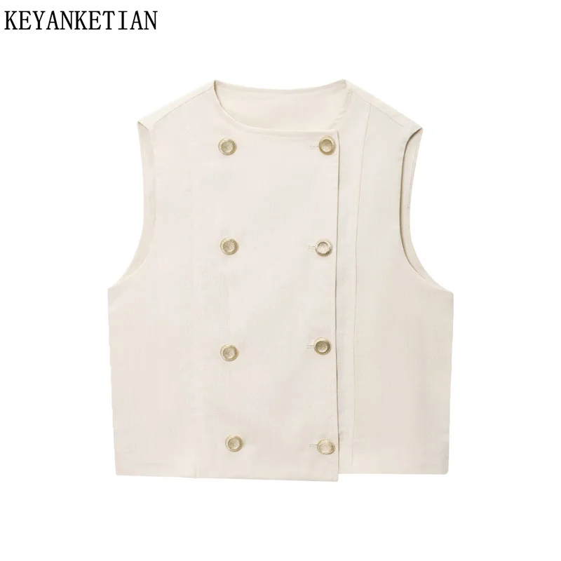 KEYANKETIAN Summer New Women's Double Breasted Waistcoat Vest Leisure style Slim O-Neck Sleeveless Short Top Fashion Camisole