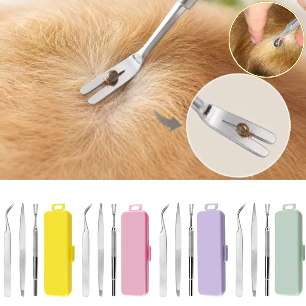 1Set Portable Tick Flea Remover Tool With Fork & Tweezers, Stainless Steel Professional Tick Extractor For Humans & Dogs Cats