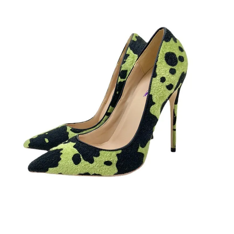 KeShangJia Zebra stripes Pattern Women Green Pointy Toe High Heel Shoes Unique Design Sexy Slip On Stiletto Pumps