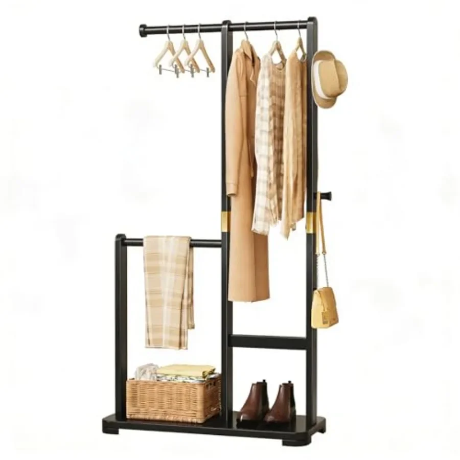Solid Wood Coat Rack for Bedroom Entryway Hallway: Freestanding Standing Clothes Rack with Double Hanging Rods, Natural Wood Co