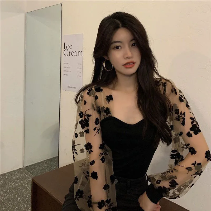 Zoki Sexy Mesh Patchwork Blouse Women Long Sleeve Print Cropped Elegant Shirts Korean Fashion Fall Slim Square Collar Sweet Tops