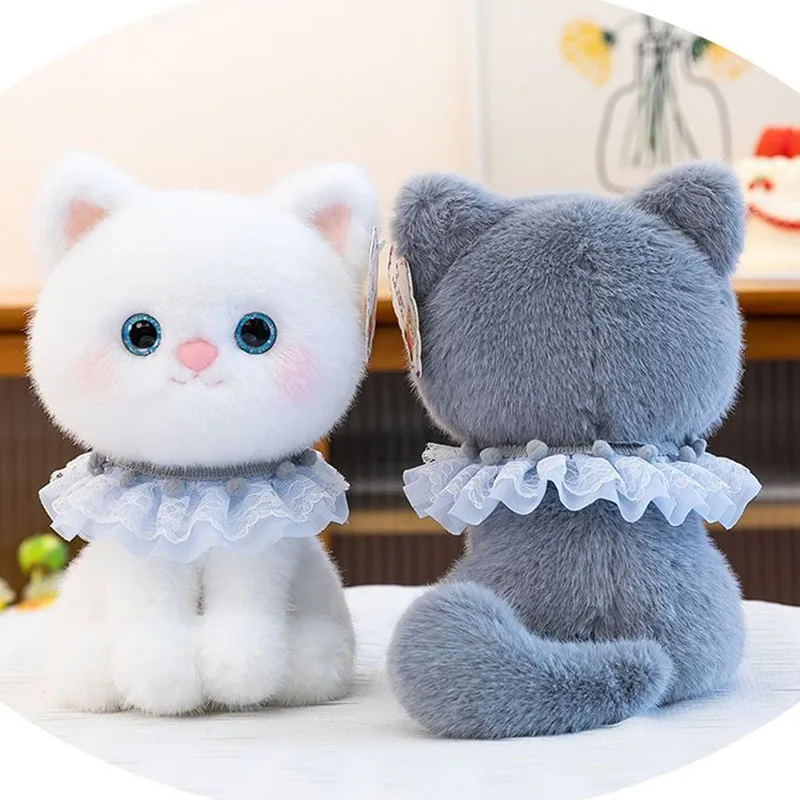 

Cute Sitting Cat Plush Toy with Lace Collar Soft Fluffy Stuffed Kitten Doll for Kid Adults Home Decoration Bedroom Ornament Gift