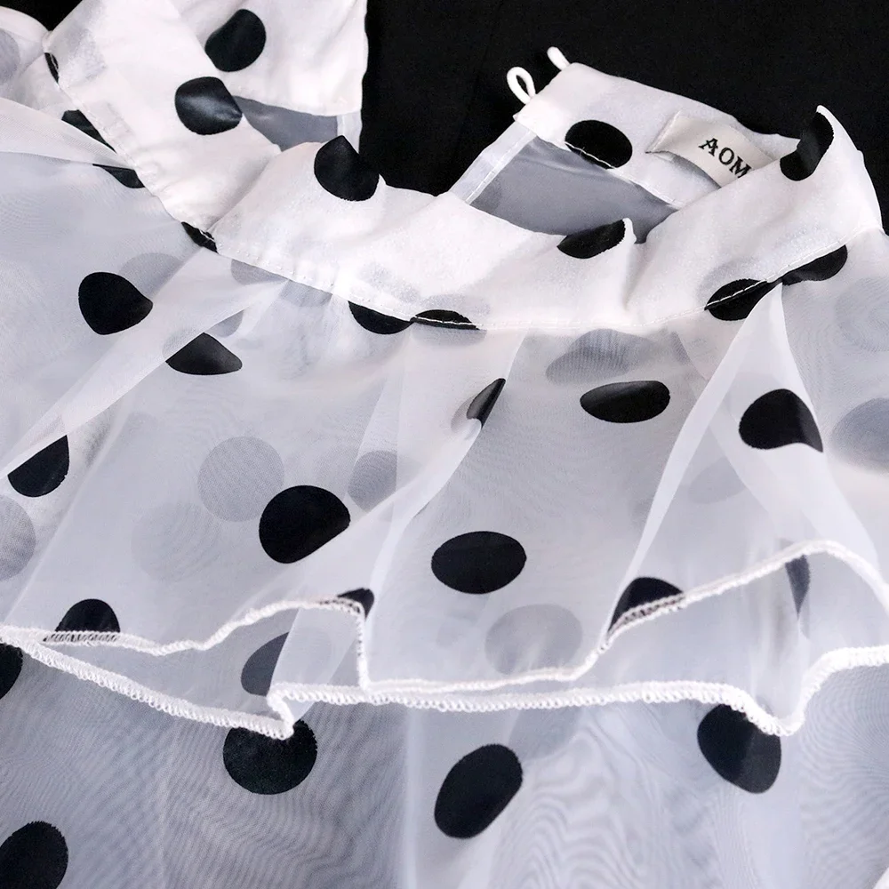 Polka Dot Women 2 Pieces Sets See Through Blouse High Waist Skirts Suits Ruffles Transparent Shirt Tutu Jupes Lady 2024 New