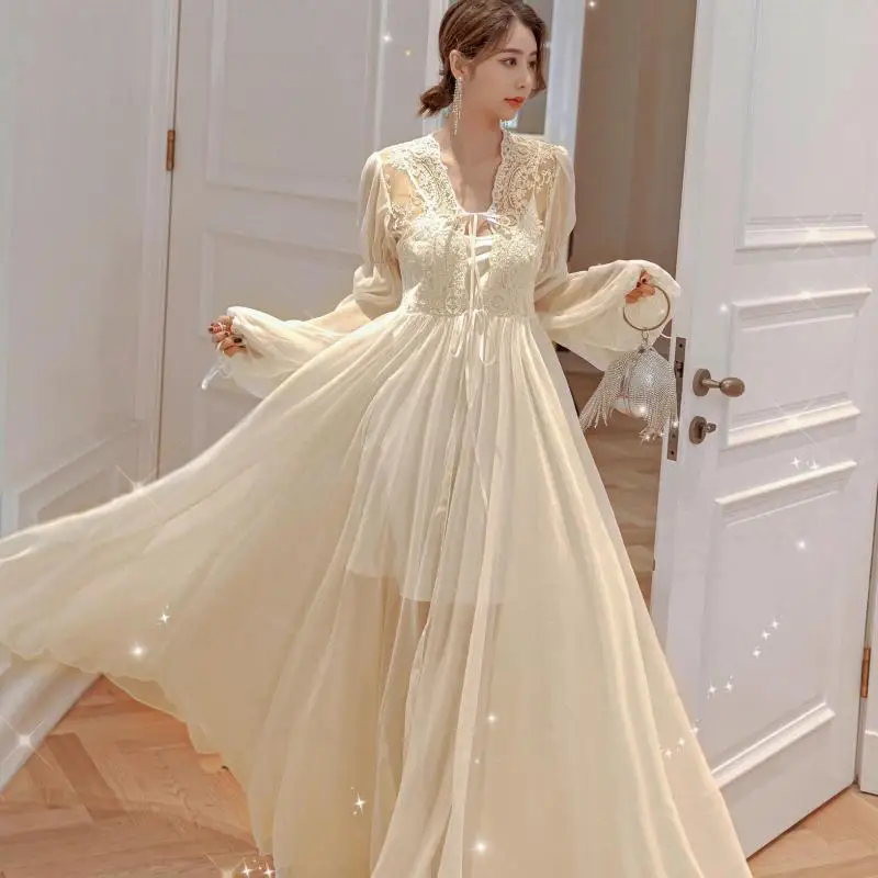 Lace Sexy Nightgown Long Sleeve Summer New Women Home Clothing Intimate Lingerie Casual Sleepwear Sexy Kimono Bathrobe Gown