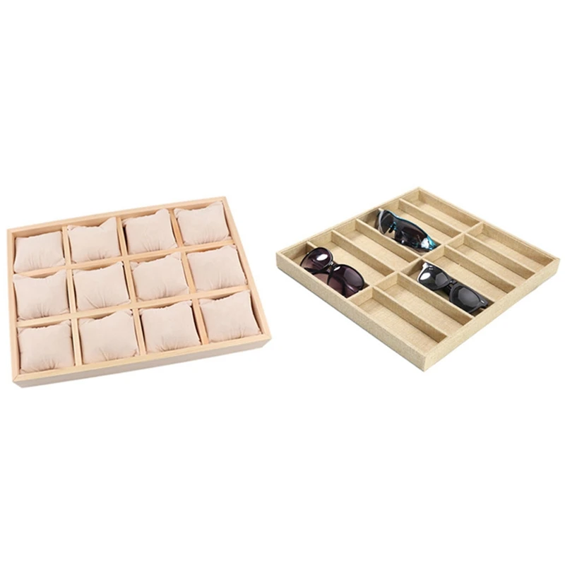 

Sunglasses Box Eyeglass Box Sunglasses Storage Box 12 Grid Jute & Wooden Jewelry Tray Bangle Earrings Bracelets Beige