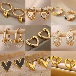 Gold Color Stainless Steel Heart Shaped Set Zircon Stud Earrings for Women Delicate Hoops Earring Wedding Party Jewelry Gifts