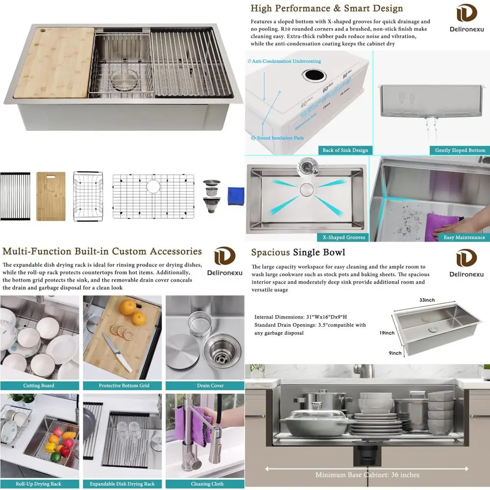 

Stainless Steel Undermount Kitchen Sink, 33 x 19 Single Bowl, 16 Gauge, Large Workstation Sink for Efficient Cooking
