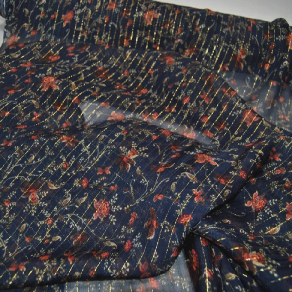 Girls Soft Shiny Lurex Metallic Silk Crinkle Chiffon Fabric with Printed Small Flowers for Breathable Amazing Popular Dresses