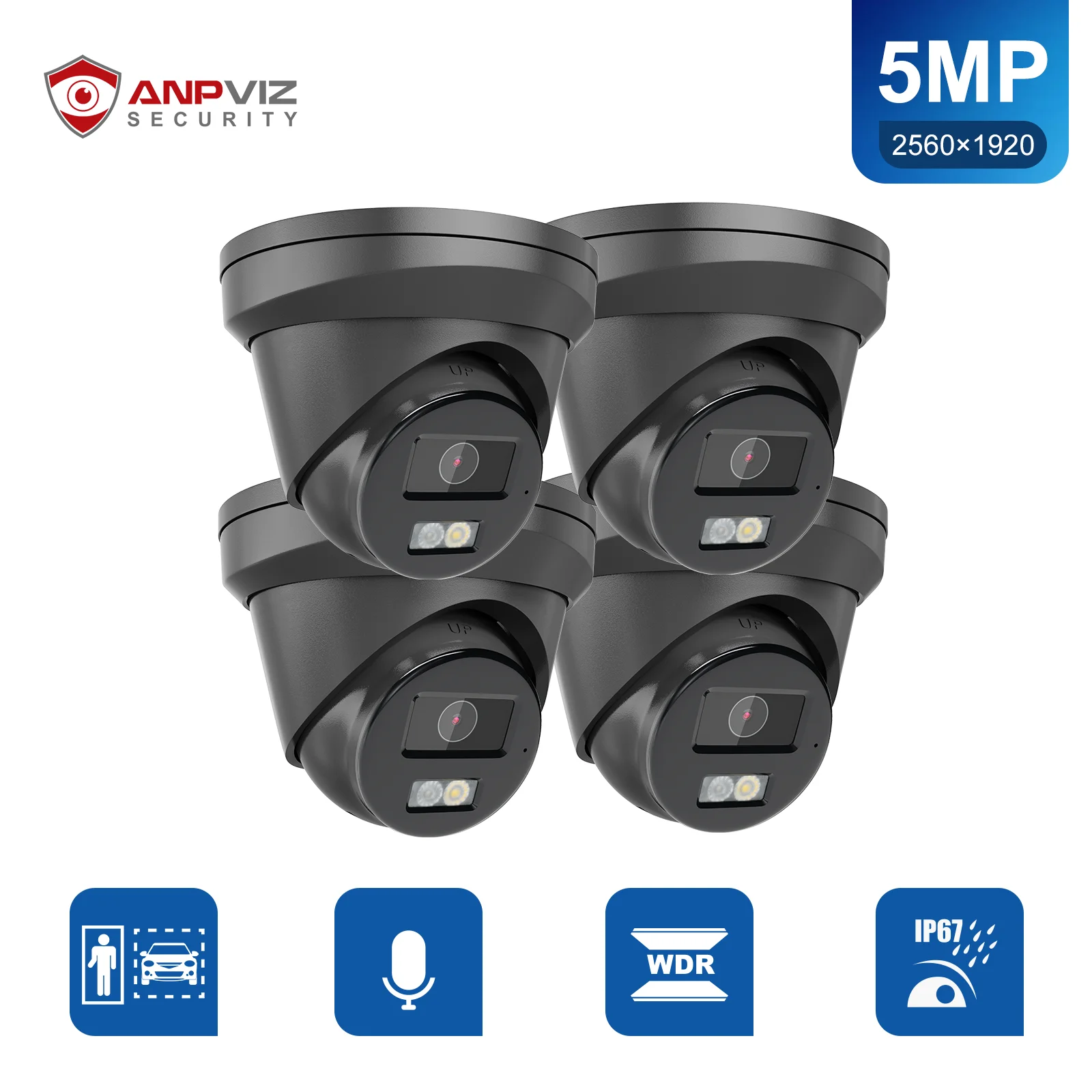 Anpviz 4Pcs 5MP POE IP Turret Camera Black Outdoor Dual-Light IR 30M Video Surveillance SD Card Slot Human/Car Detection H.265+