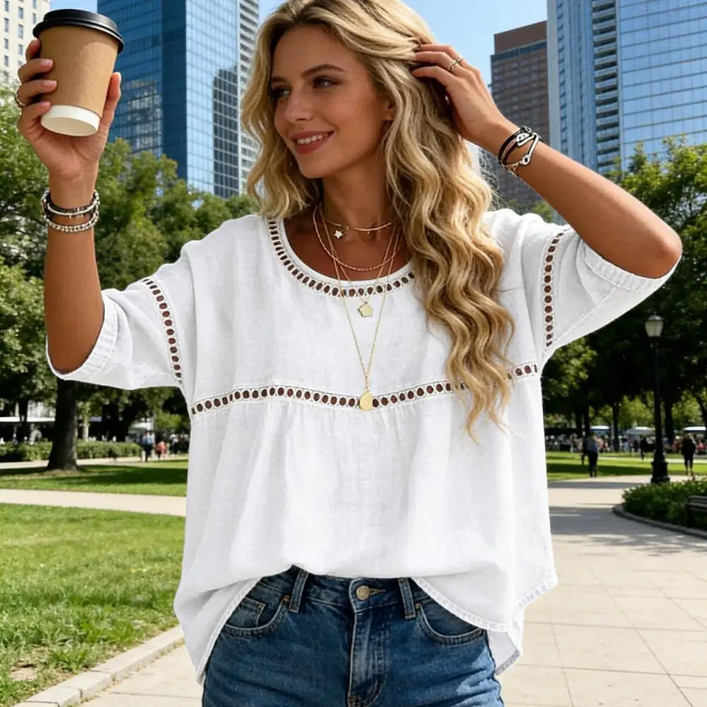 

Women Tops Round Neck Half Sleeve Loose Fit Tee Shirt Pure Color Hollow Design Soft Stretchy Blouse Daily Wear