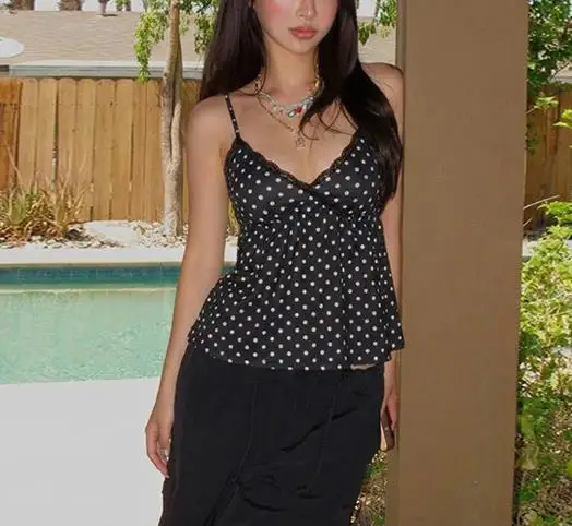 

Top Women 2026 Spring Summer Lace Patchwork New Fashionable Spicy Girl Polka Dot Print V-Neck Backless Daily Basic Tank Top