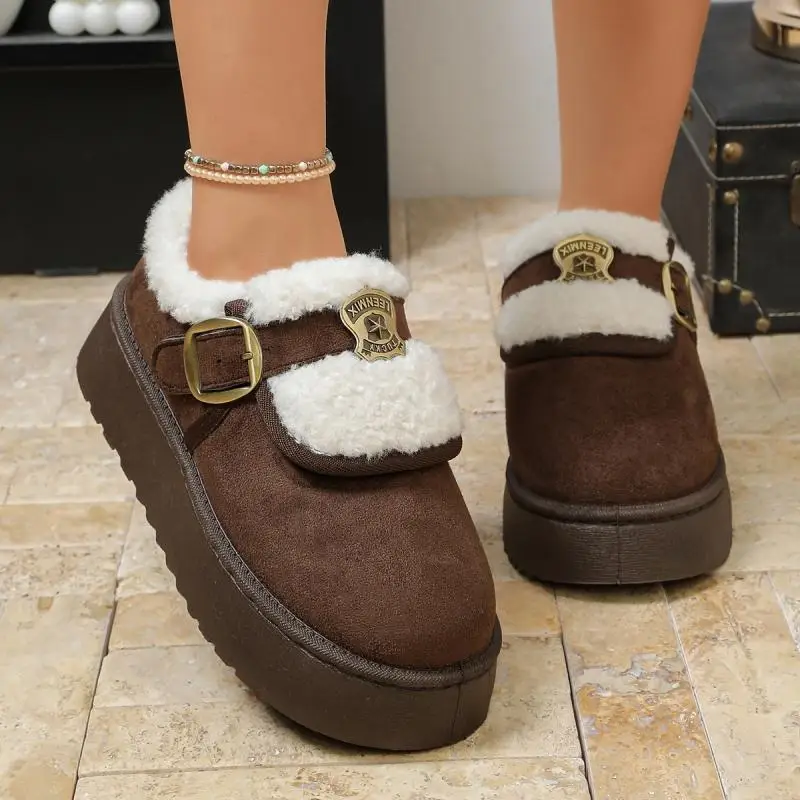 Designer Mental Decorated Women Suede Snow Boots 2026 Winter Warm Lambswool Ankle Boots Non Slip Platform Cotton Shoes for Women