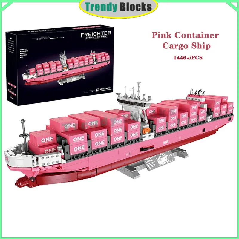 

JJ9127 1446pcs Pink Container Cargo Ship Building Blocks MOC Set Display Decoration Toy for Kids Adults