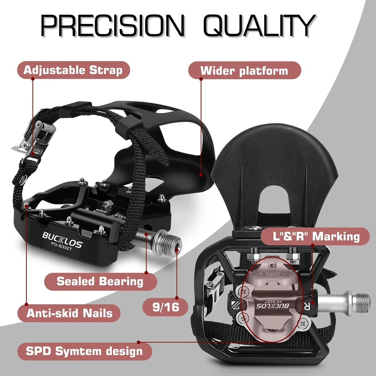 Pedały rowerowe BUCKLOS Dwufunkcyjne pedały rowerowe MTB Antypoślizgowe pedały platformowe ze stopu aluminium do części rowerowej systemu SPD