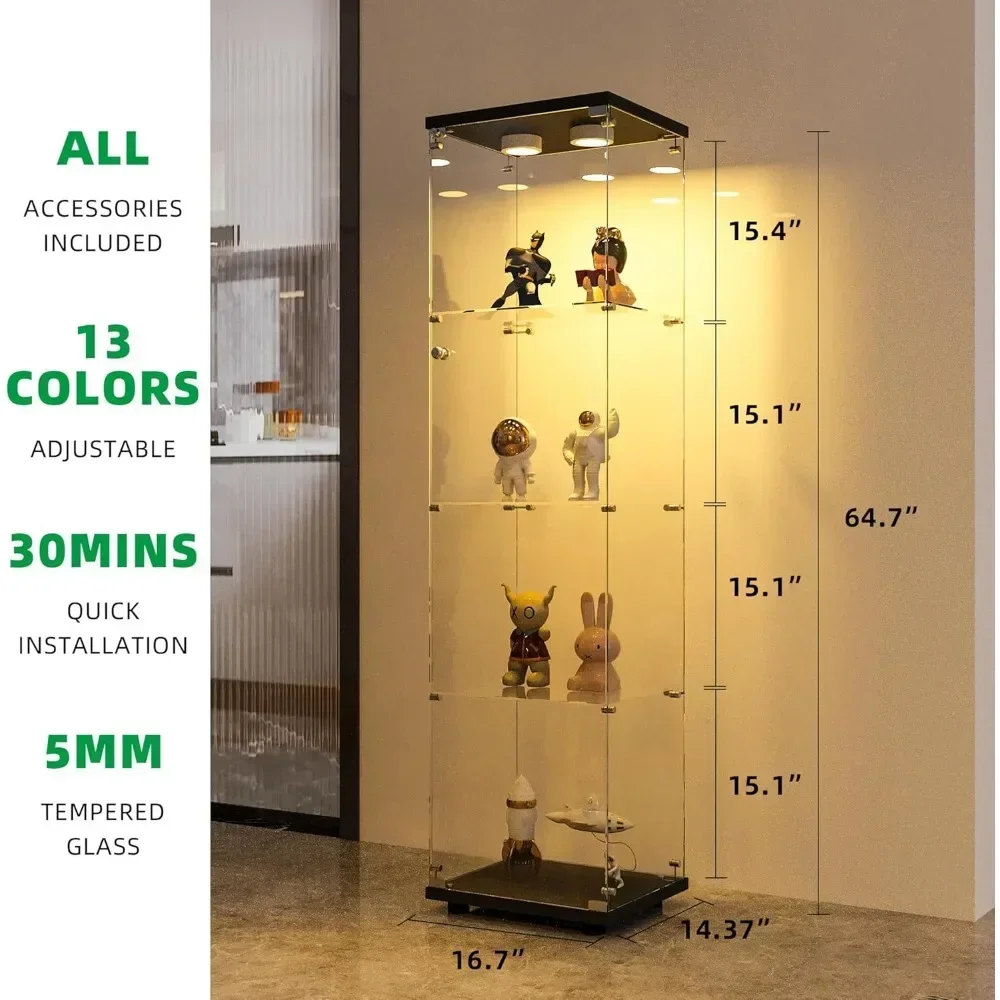 Glass Display Cabinet with LED Lights,64.7Inch,4-Shelf Tempered Glass Display Shelf,Storage Cabinet,Collection Displays Cabinets