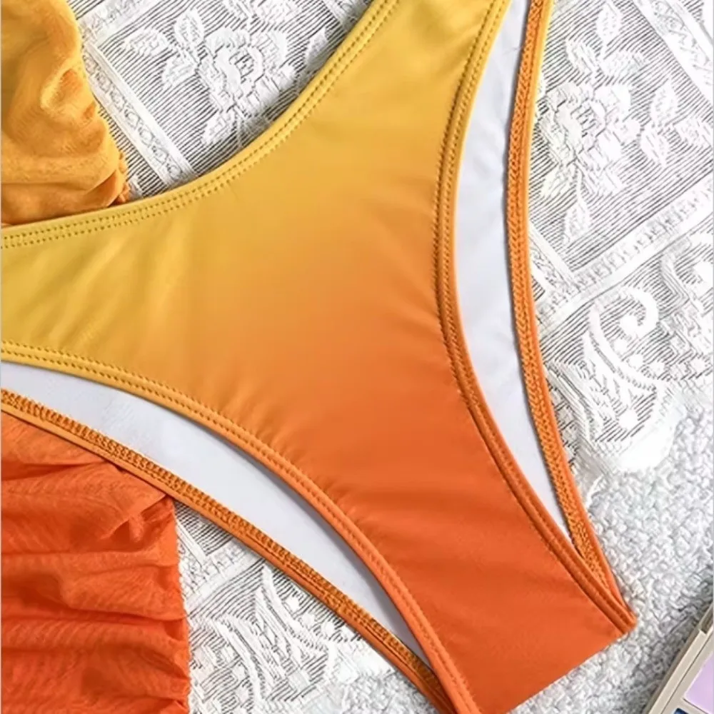 Lace Up 3 in 1 Gradient Color Swimwear Set Slim Fit Beachwear Clothing Bikini Bathing Suit Deep-V Sleeveless Swimsuit