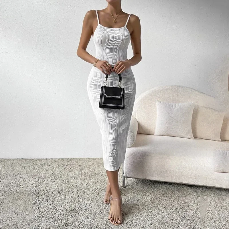 [You're My Secret]Summer Women Elegant Sexy Backless Square Collar Bodycon Club White Party Long Dress ure Color Sundress