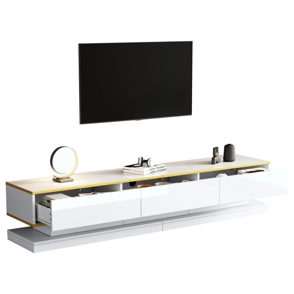 Moderner TV-Ständer mit 3 Schubladen, warmweißes Lowboard, goldener Rand, Wohnzimmer-Aufbewahrungsschrank – Detail 8
