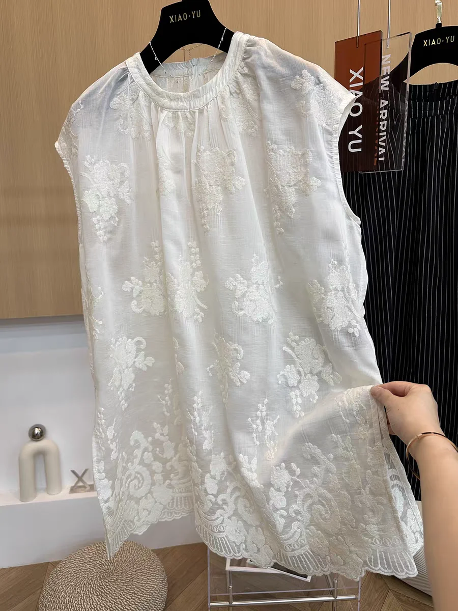 

New Chinese Sle Embroidered irt Women Summer Artistic Soft round Ne Svel Slimming Top Comfortable Breathable Casual