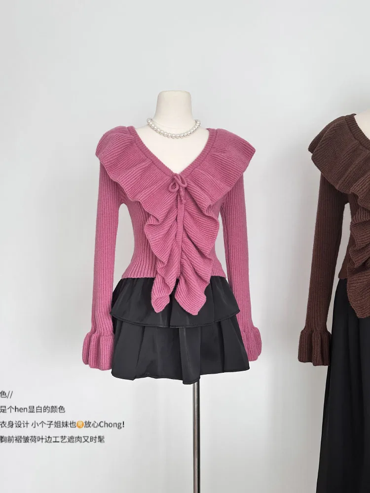 

V-neck Elegant Fashion Knit Sweater Korean-Style Fall Sexy Flared Sleeves Warm Lazy Women's Knit Sweater