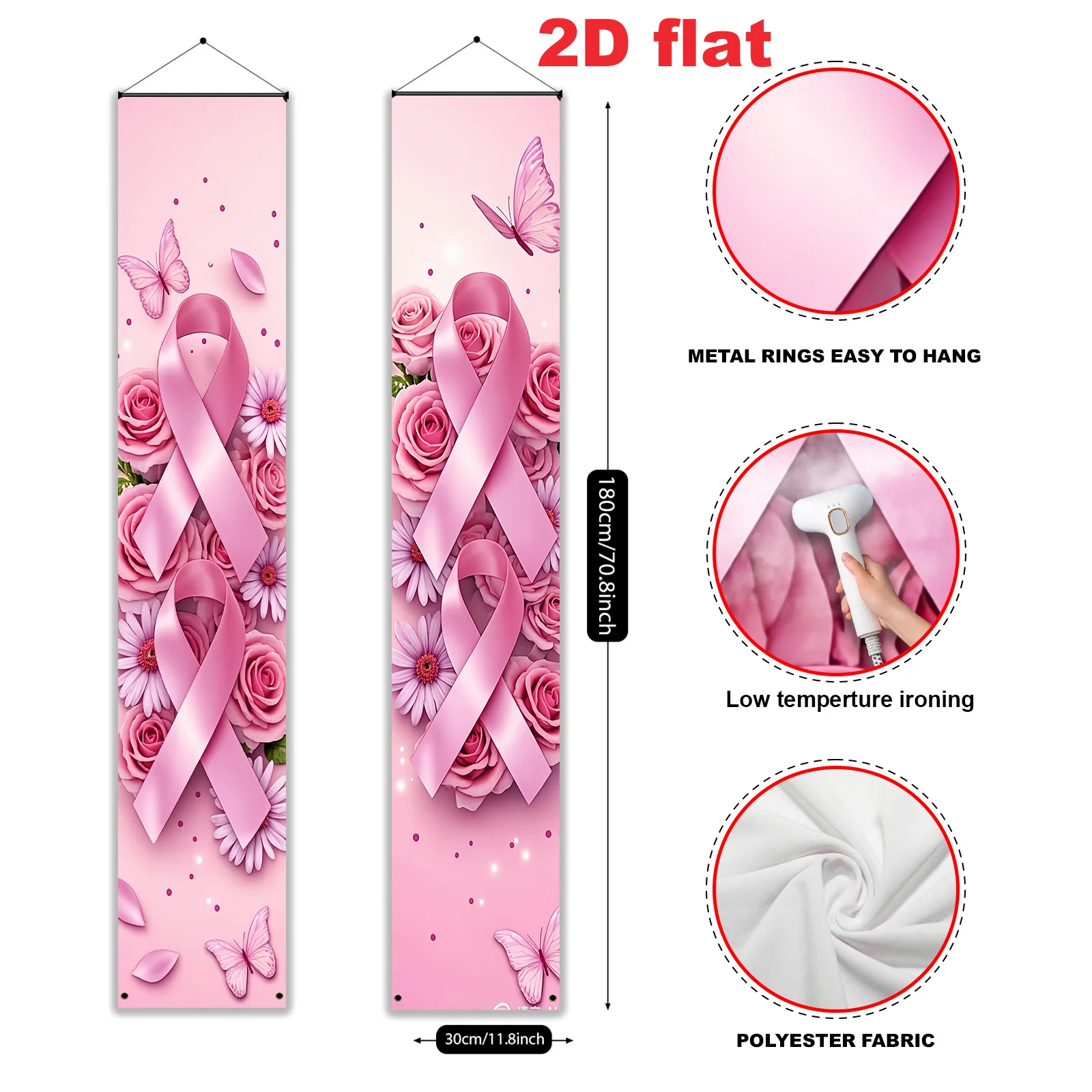 2Pcs 2D Flat Pink Ribbon Breast Cancer Awareness Door Couplet Banner Women Charity Indoor Outdoor Porch Decor Easy Install view 2