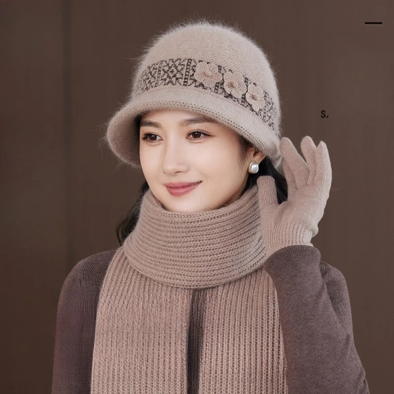 New Fashionable and Comfortable Middle-aged and Elderly Women's Simple Style Elegant Versatile Short Brim Knitted Hat Scarf Kit