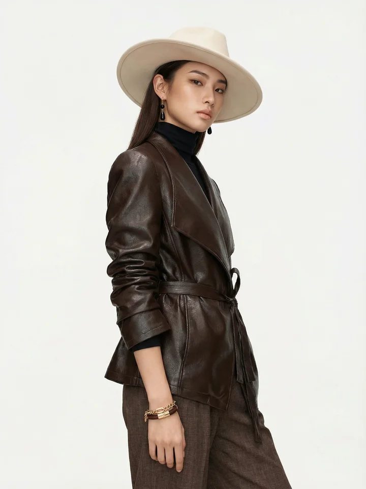 Cappotto da donna in pelle artificiale Jaet caffè marrone lectual Sle, vestibilità slim, ecologico, ultra morbido, legato in vita