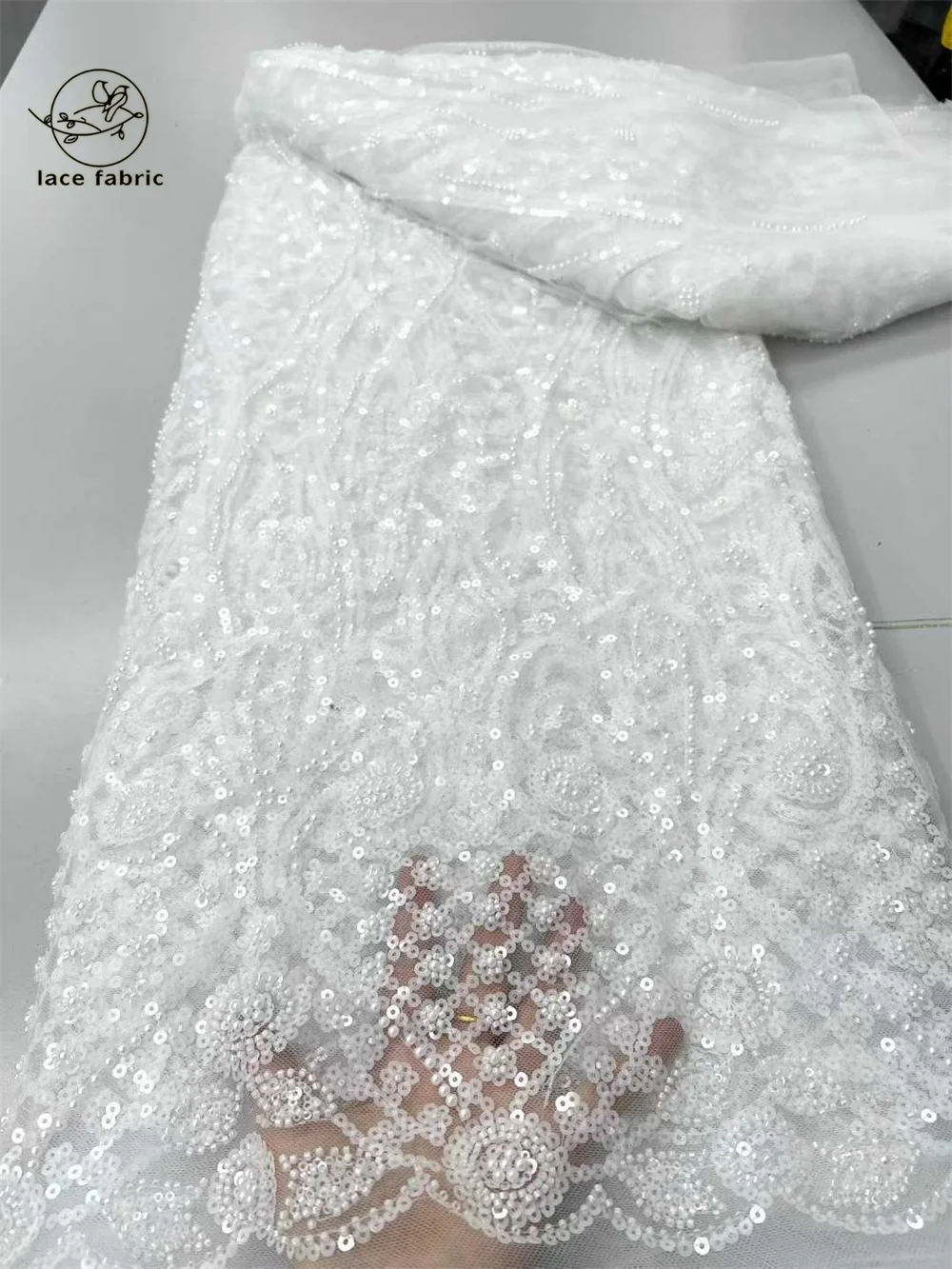 

White Nigerian Beaded Embroidery Lace 2026 High Quality French Sequins Tulle African Lace Fabric for Luxury Wedding Party Women