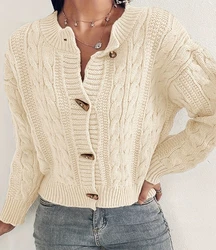 Women's Versatile Autumn and Winter Sweater 2024 Commuting Round Neck Cardigan Retro Ribbed Long Sleeved Sheep Horn Button Top