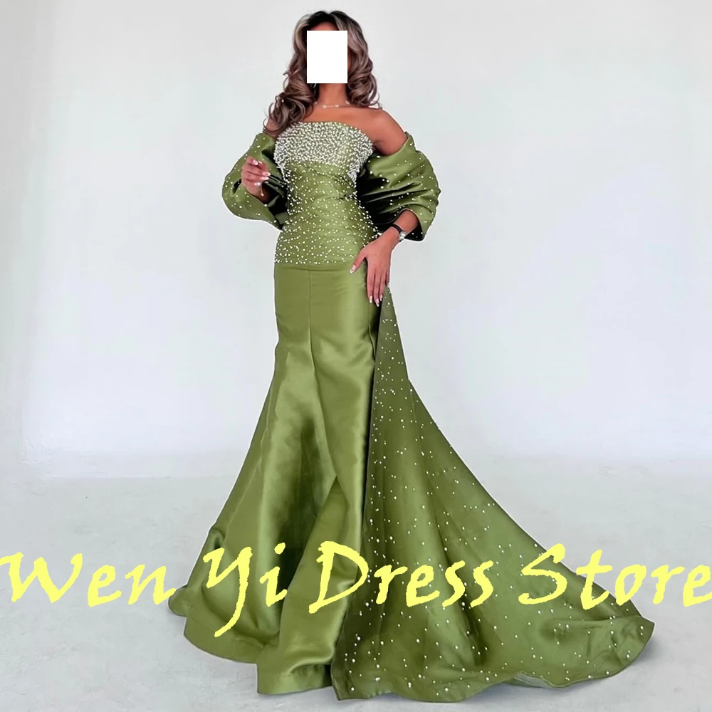 luxury Beading Sequined Green Bow Satin Evening Dresses Exquisite Panel Traina Pleats A-Line Floor Length Strapless Sleeveless