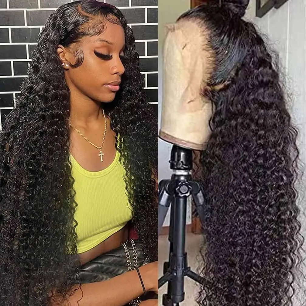 Water Wave Curly Lace Frontal Wigs 13x4 HD Deep Wave Lace Frontal Wig 34Inch Full Human Hair Wigs For Women On Sale