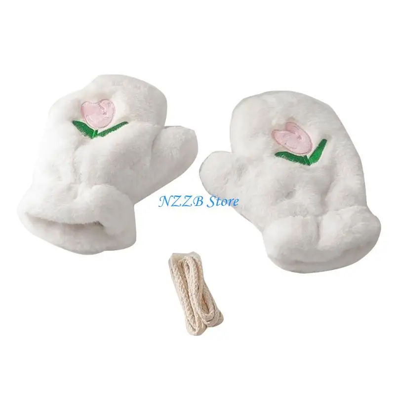 T21F – gants en peluche blancs pour filles, mitaines chaudes avec broderie fleurs pour femmes, fournitures d'hiver