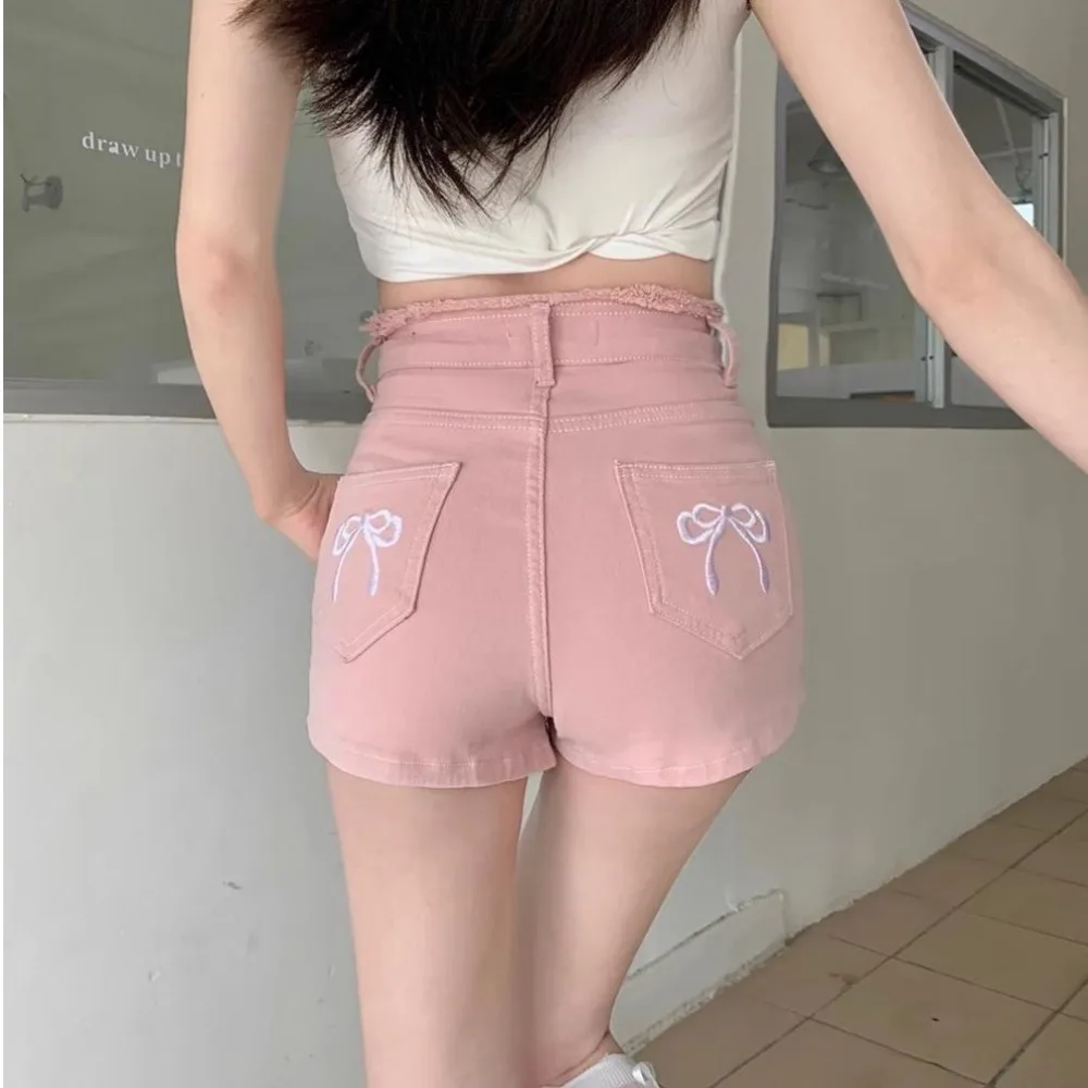 New All Match Summer Shorts High Waist Solid Color Denim Shorts Butterfly Embroidery Craft Sweet Style Hot Pants Women Girl