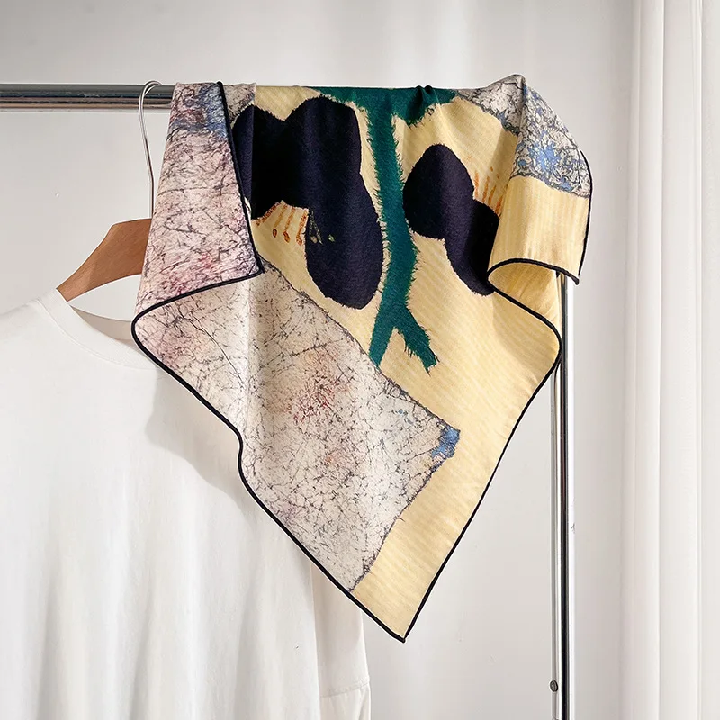 Reversible Wool Silk Square Scarf for Women Vintage Abstract Art Painting Print Double‑Sided Neckerchief Accessory