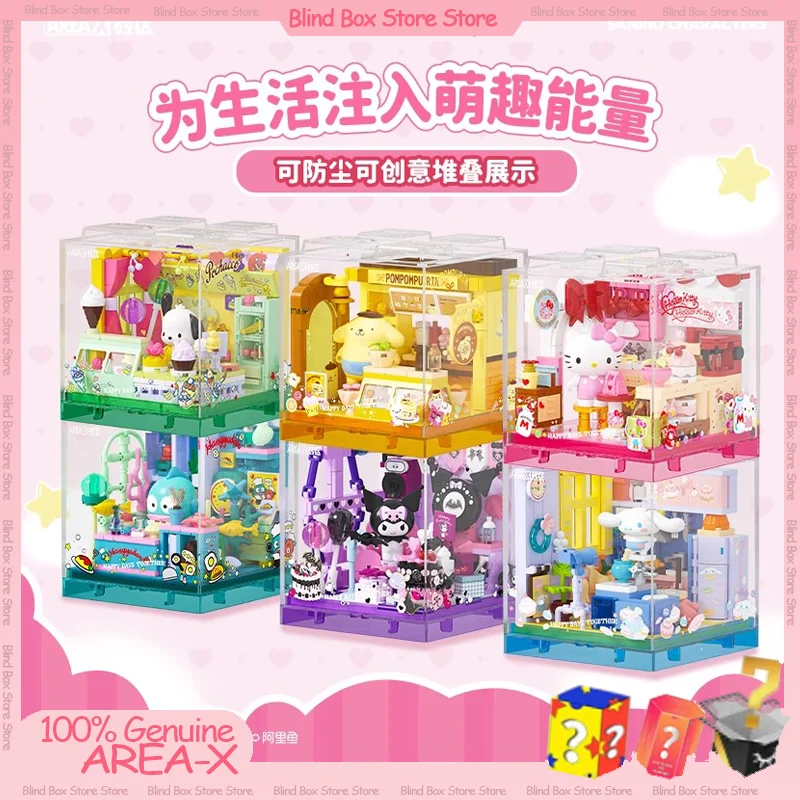 

Sanrio Area-X Building Blocks Blind Box Set with Kuromi Cinnamoroll Hangyodon Mini Shops Kawaii DIY Bricks for Girls Fans