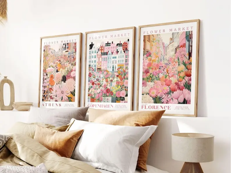 3 قطعة/المجموعة الوردي زهرة السوق قماش الملصقات نبات نابض بالحياة جدار الفن الملصقات لغرفة المعيشة الحديثة المطبخ غرفة نوم ديكور المنزل #1