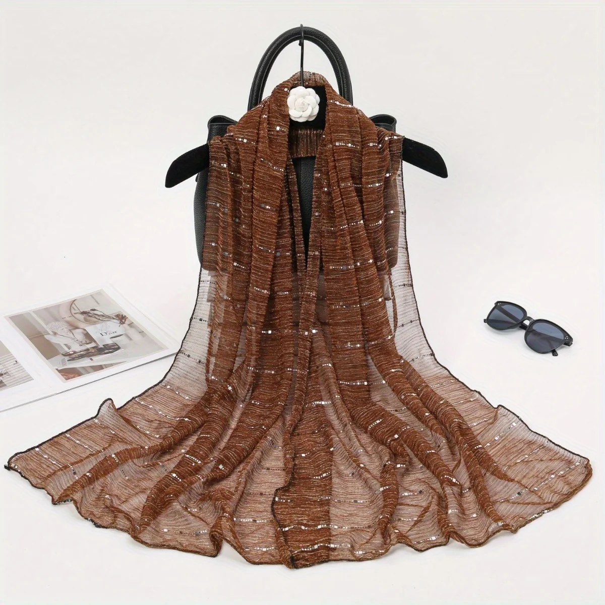 1PCS Spring and Autumn Women's High Elasticity sequin Chain Scarf, Wick Silk Long Scarf, Indian Scarf, Slide Silk Scarf