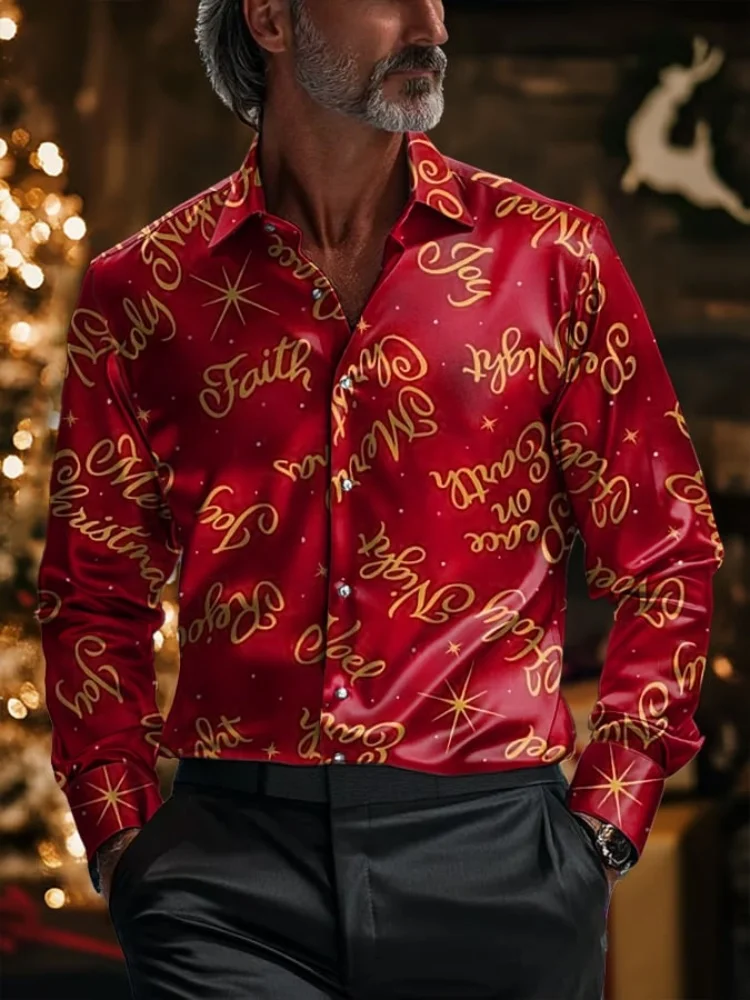 2025 Christmas Men's Long-Sleeve Shirt Fashionable Luxury Style Premium Long-Sleeve Collared Shirt Relaxed Fit Casual Top