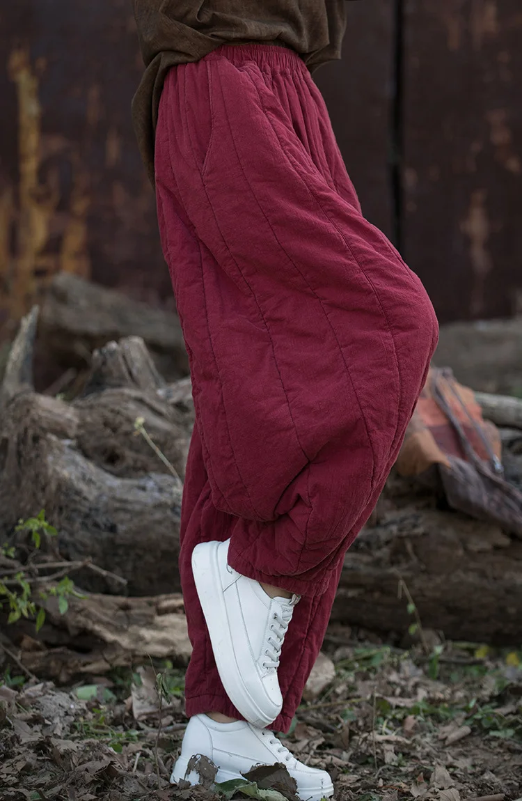 24-Panel Quilted Carrot Pants - Stonewashed Linen-Blend Winter Trousers