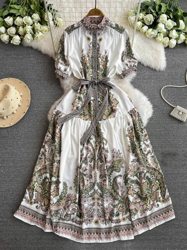 Spring Summer Women Printed Long Dress Vintage Stand Collar Single Breasted Short Sleeve A-Line Maxi Vestidos Female Fashion New