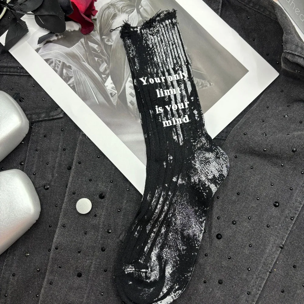 

Unique Ripped Hollow Socks Womne Letter Personality Mid-Calf Socks Streetwear Stripe Punk Tube Sock Daily