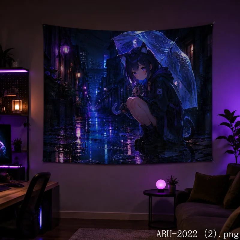 VIKAMA Purple Galaxy Cat Girl Tapestry Moon Star Swing Night Sky Wall Hanging Kawaii Anime Girls Bedroom Dorm Aesthetic Decor