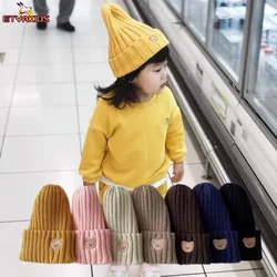 Korean Wool Knitted Hat Cute Cartoon Bear Embroidery Cap for Children 1 To 6 Years Winter Warm Outdoor Windproof Baby Beanie