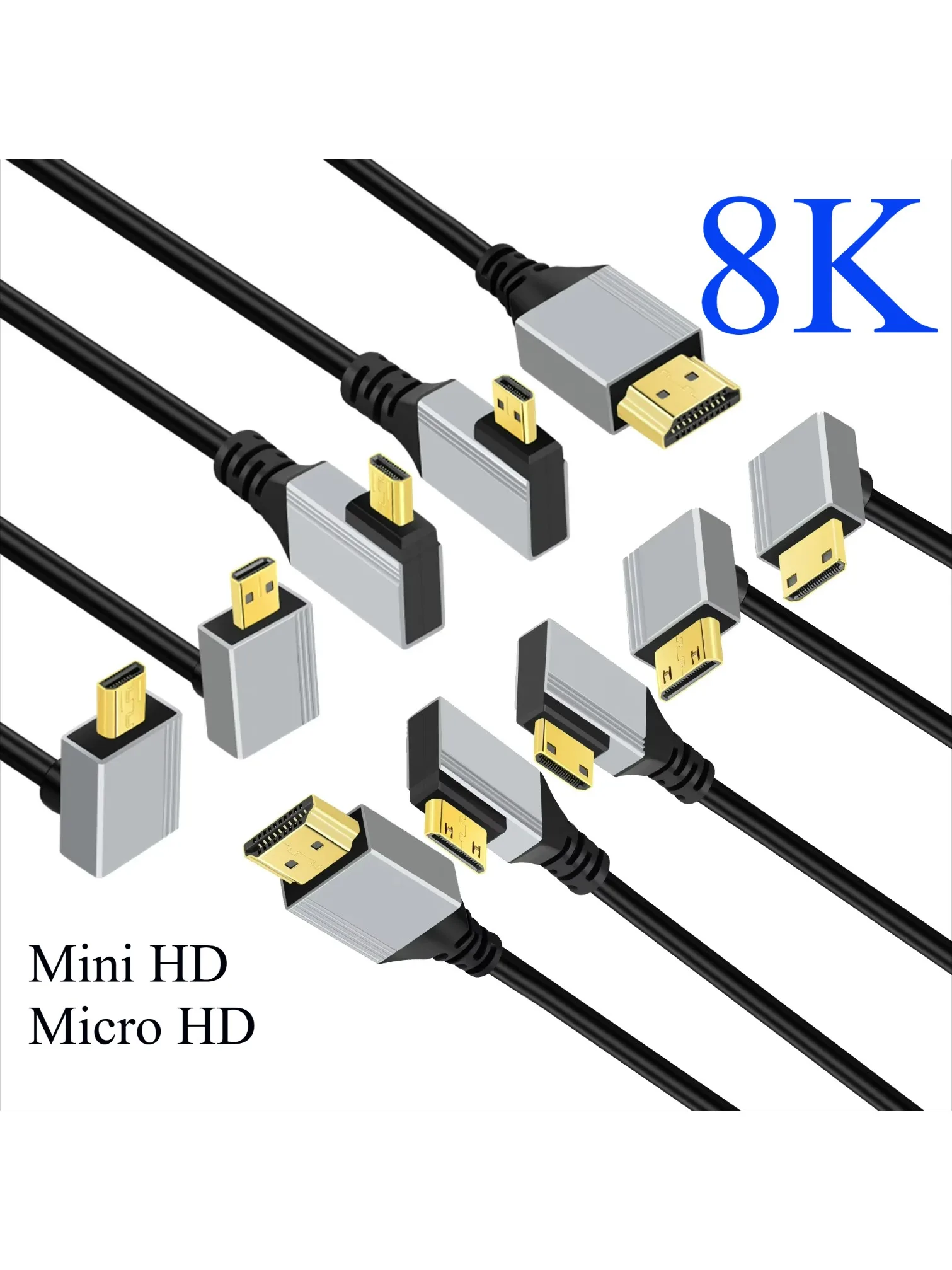 Mini/Micro HDMI-compatibele 8K UHD-kabel 90 graden omhoog/omlaag/links/rechts gebogen HD-poort Dun snoer voor laptopcamera Tablet Camcorder - afbeelding 2