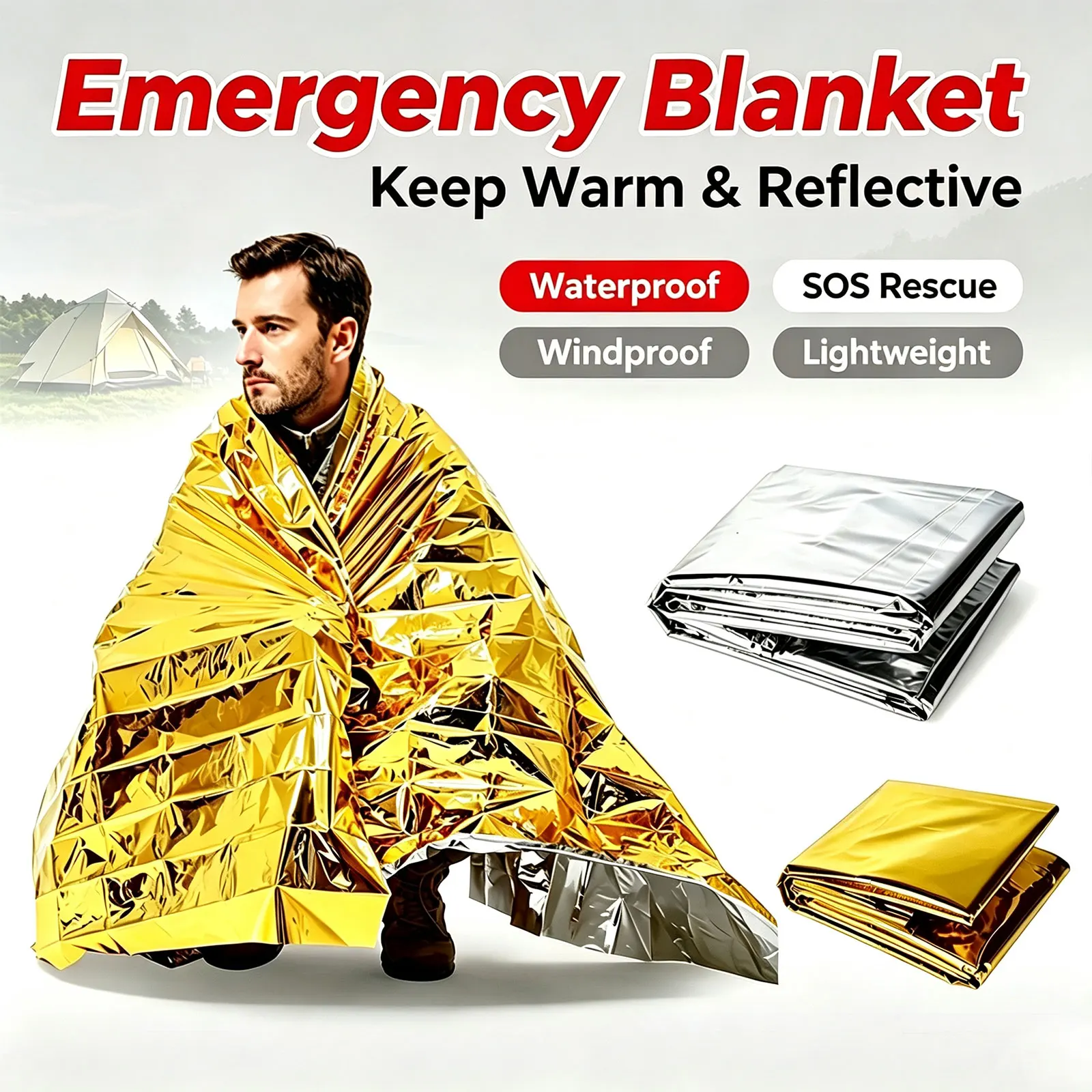 Emergency Thermal Poncho Blanket Lightweight Folding Water Resistant Windproof Sunshade Reusable First Aid Camping Mat Pad Cover