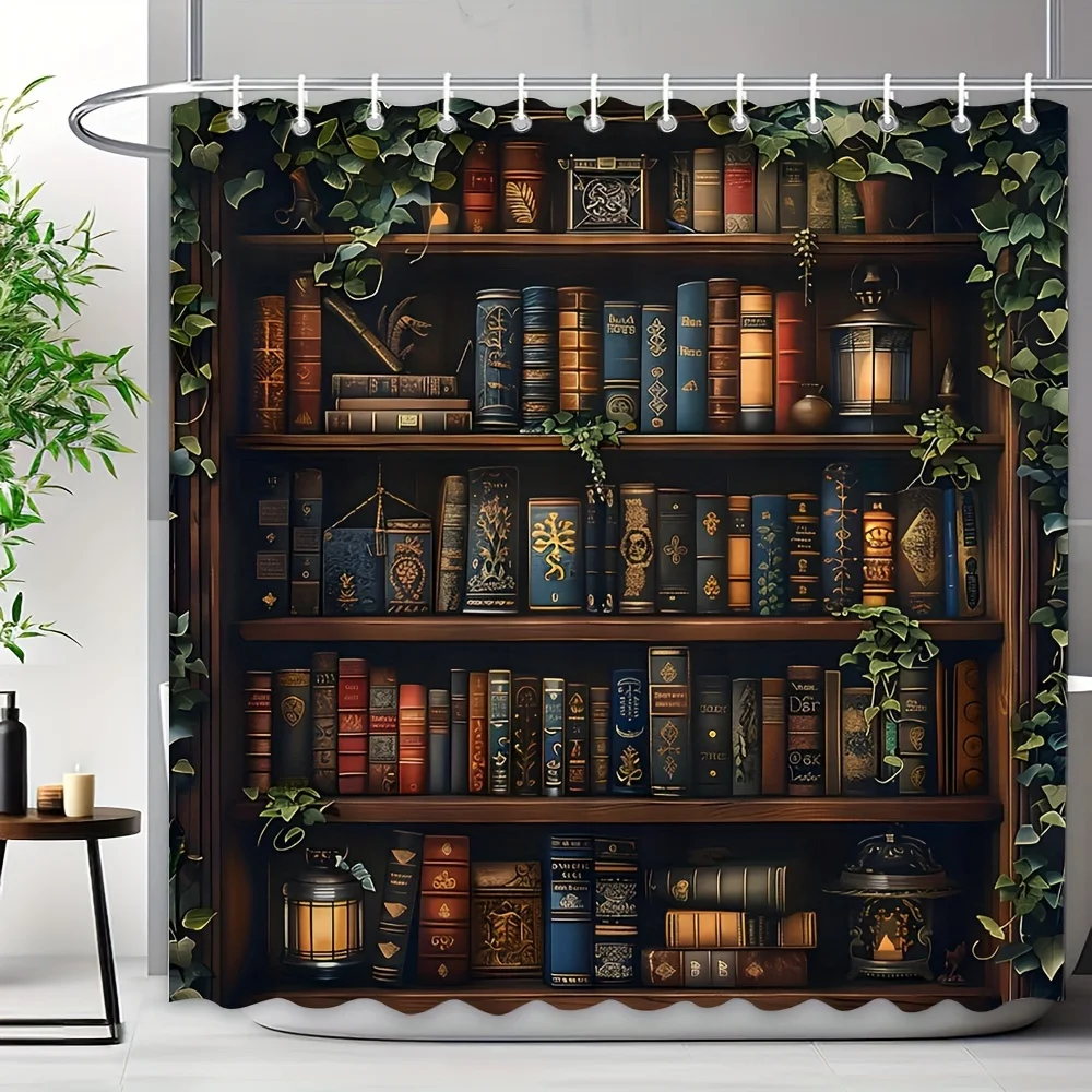 Elegant Vintage Bookshelf Library Shower Curtain Decor Academia Bathroom Waterproof Literary Novelty Print 180x180cm